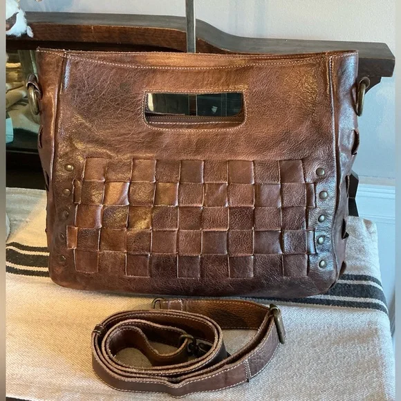 Bed Stu Orchid Woven Leather Handbag Crossbody Bag Teak Brown Retail $280 - Picture 3 of 12